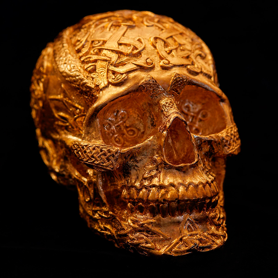 Close-up of gilded skull trophy used in The Faces of the Past treasure hunt